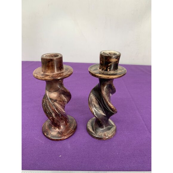 Soapstone Handcarved Candleholders Spiral Tapers 5.5  & 6 Inch Brown Carved - Picture 4 of 7